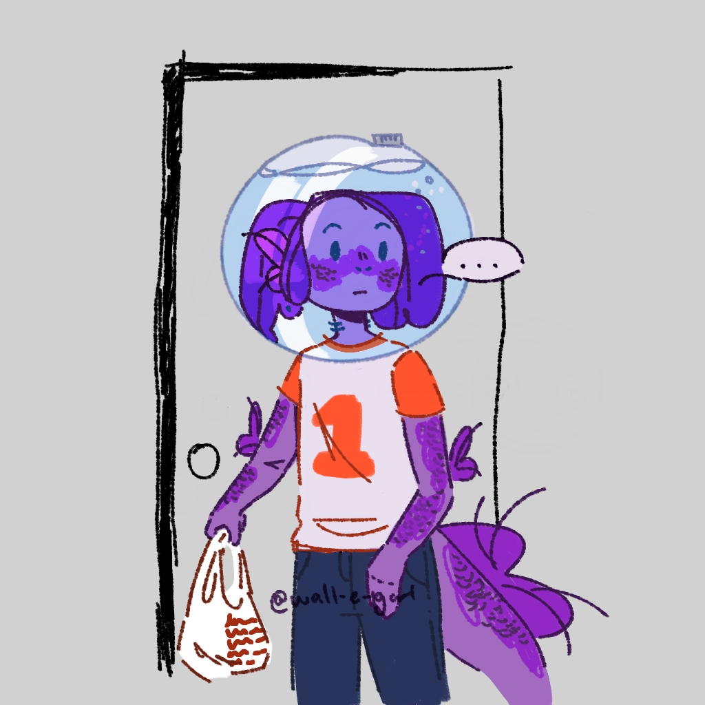 A full body image of Fish, a purple fish person with darker purple hair and lots of blush and scales on their face, arms, and tail, wearing a #1 t-shirt and jeans and a fishbowl-like dome over their head, pushes open a door while carrying a plastic grocery bag with red thank you text across the front, and looks back with a blank/confused expression, with a ellipsis speech bubble next to them.