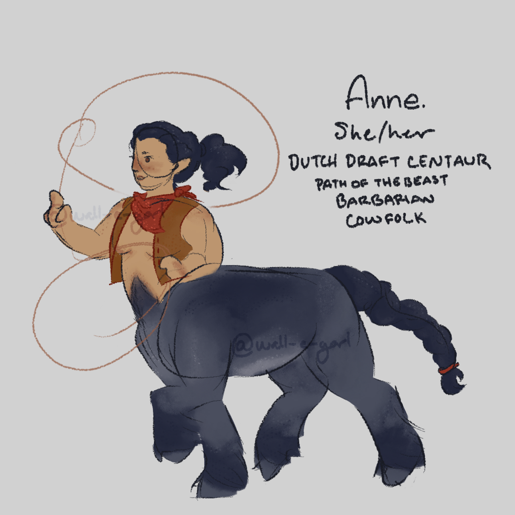 A full body image of Anne, a centaur based on a Dutch Draft horse, swinging a lasso in the middle of a stride. She has curly/wavy dark blue hair, pulled back into a low ponytail, while her horse tail is long and braided. Her human half is fat muscular and a tanned white, with her horse half starting at her hips and happy trail. She wears a red bandana around her neck and a open vest that does not cover her chest.